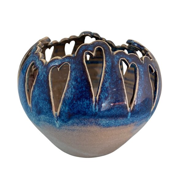 Art Pottery Luminary Candle Holder Bowl With Heart Cut Outs - Picture 2 of 8